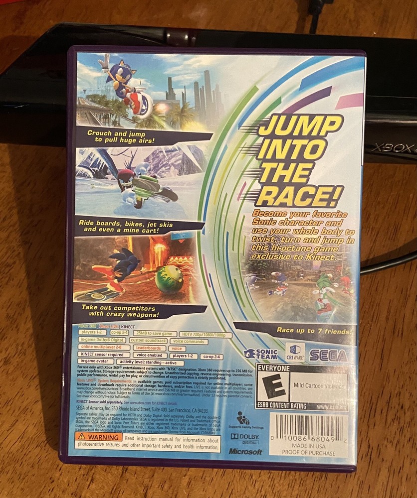 Xbox 360 Kinect Sensor Bar Two Game Bundle Sonic Free Riders Fast Shipping