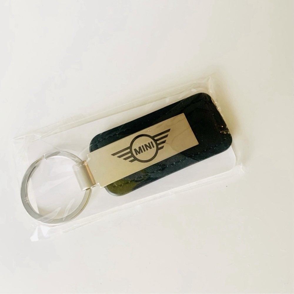 MINI Cooper Leather Silver Name Plate Keychain Key Ring