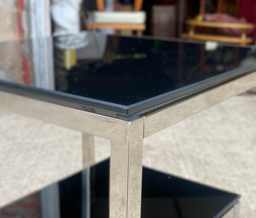 Post-Modern Sculpted Chrome & Black Glass Tiered Side Table