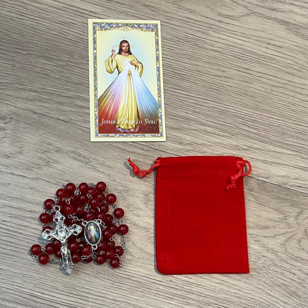 Divine Mercy Rosary W/ Pouch & Card Jesus I Trust in You Catholic