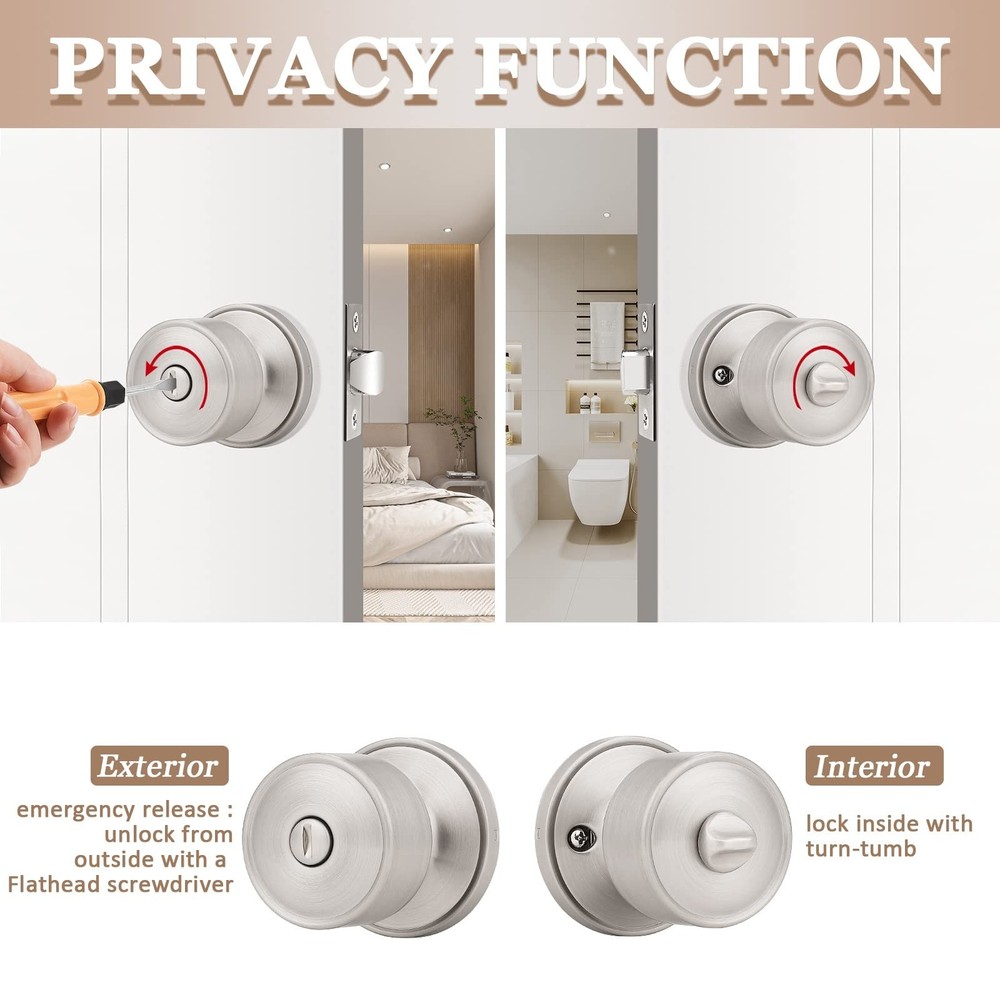 knobelite 3 Pack Satin Nickel Door Knobs Privacy Function Keyless Locks Inter...