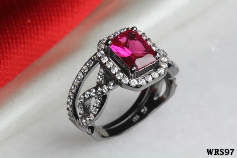 Brilliant Cut Halo Hot Pink CZ 925 Black Silver Engagement Wedding Ring Set