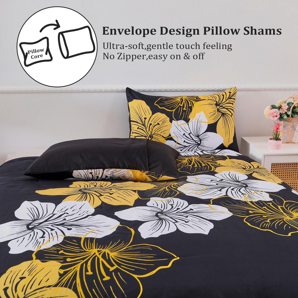 Queen Comforter Set Black/Gold Floral Bedding Comforter Sets Soft Microfiber ...