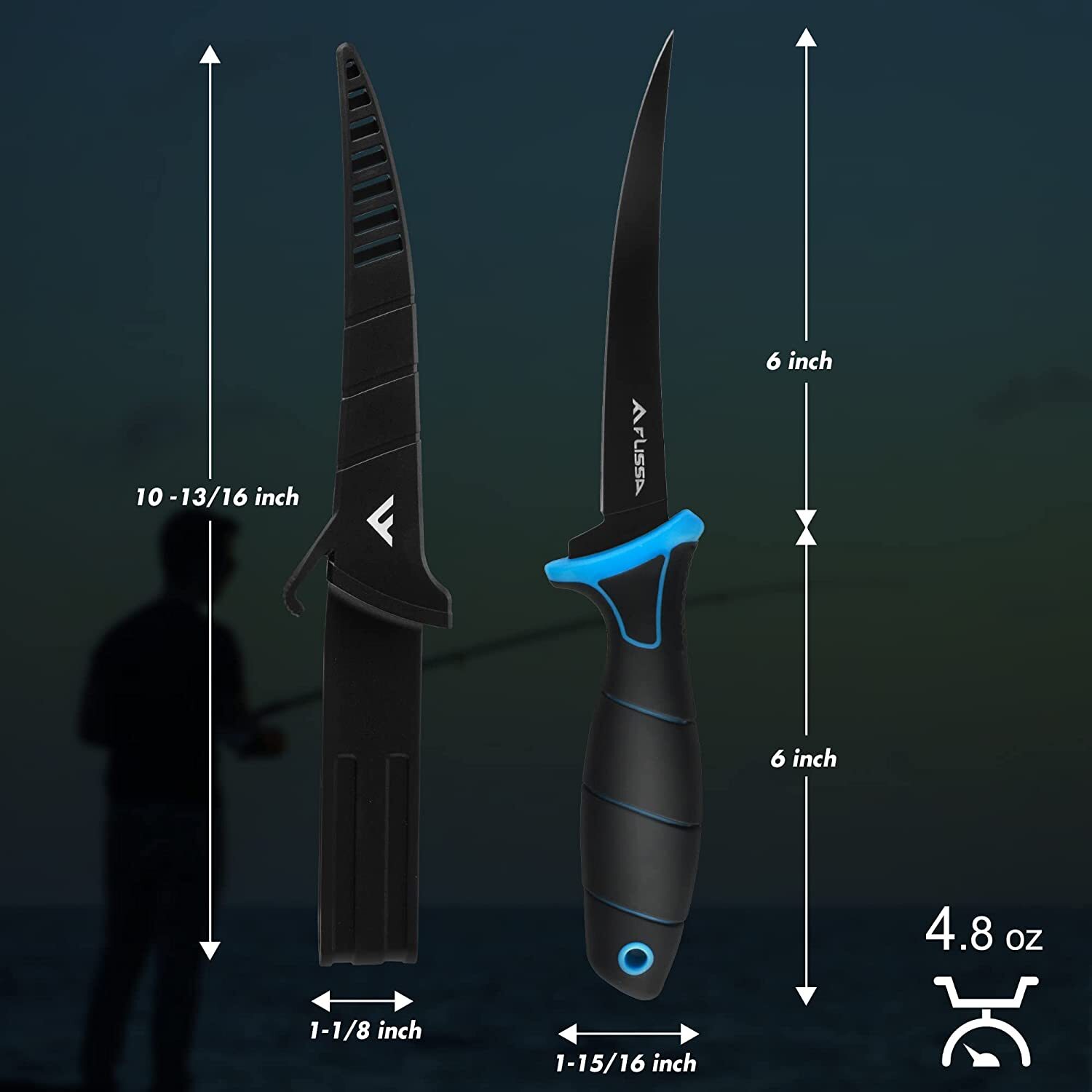 FLISSA Fillet Knife 5''/6''/7''/9''Cutting Notch Non-Slip Handle Lanyard Hole