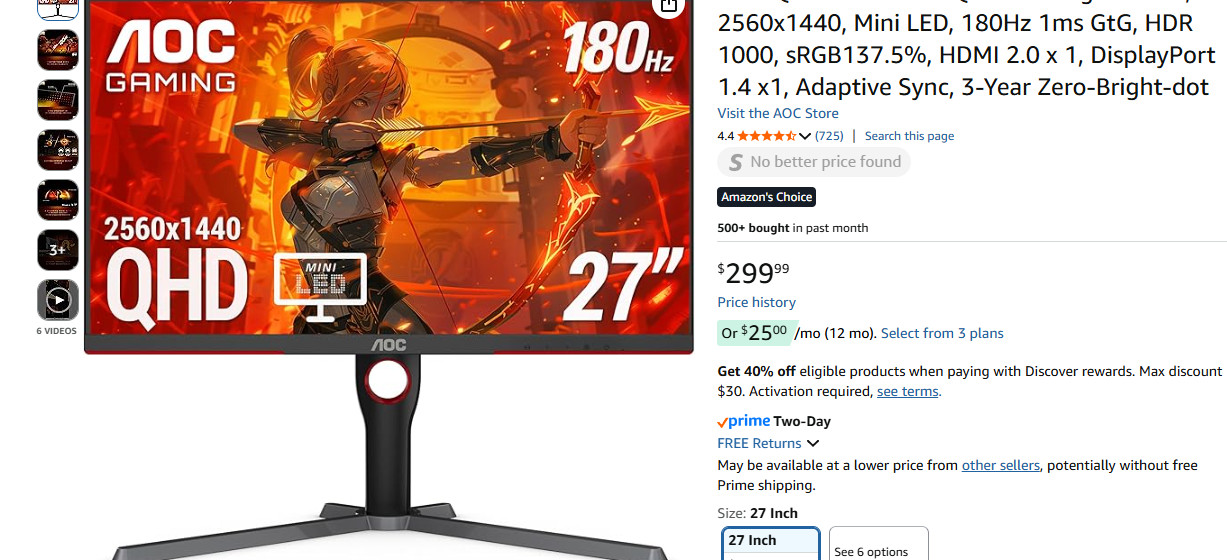 AOC Q27G3XMN 27" QHD Gaming Monitor, 2560x1440, Mini LED # 2928E Y