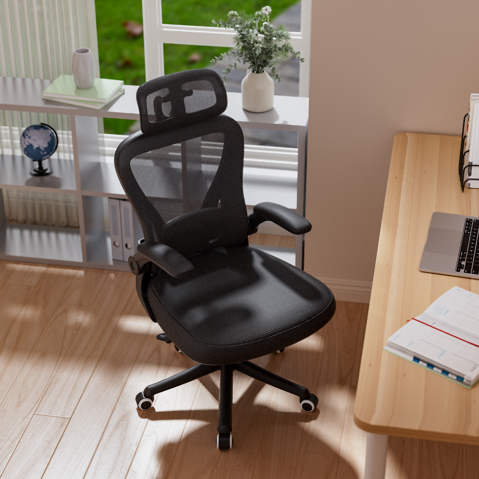 Black Computer Desk Chair Ergonomic Office Chair with Wheels Flip-Up Armrests