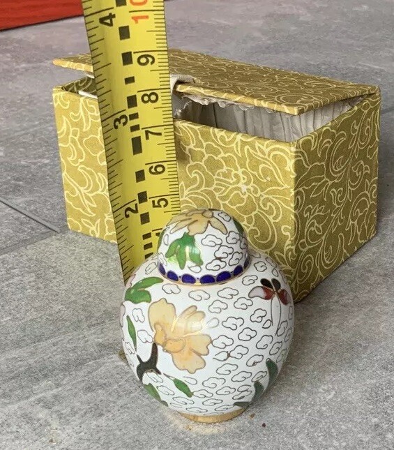 Miniature Chinese Cloisonné Lidded Ginger Jar With Stand and Original Box VTG