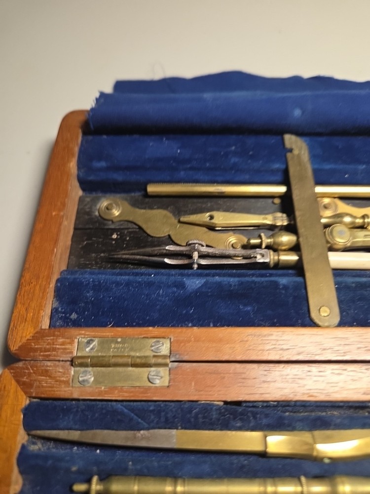 Antique Technical Mathematical Drawing Instruments Set Geometry in Wood Box