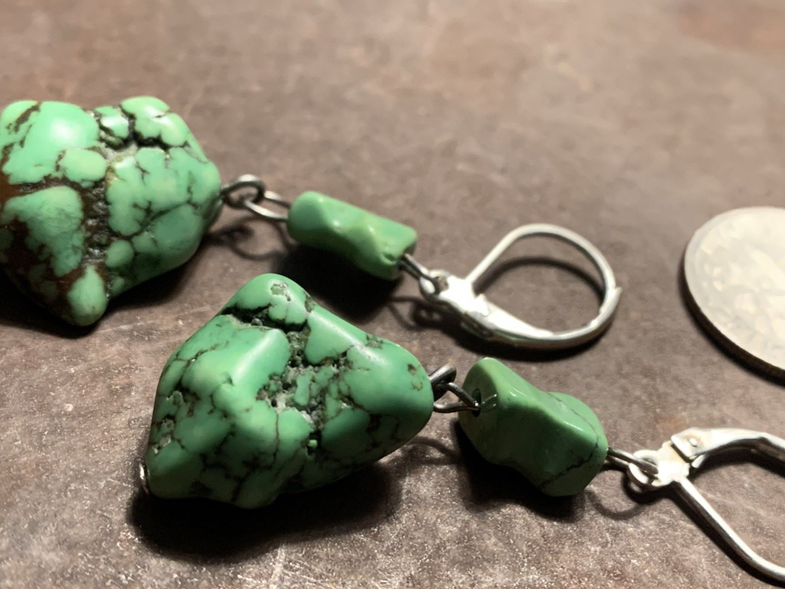 Gorgeous Artisan Chunk Bright Green Turquoise Dangle Stone Earrings