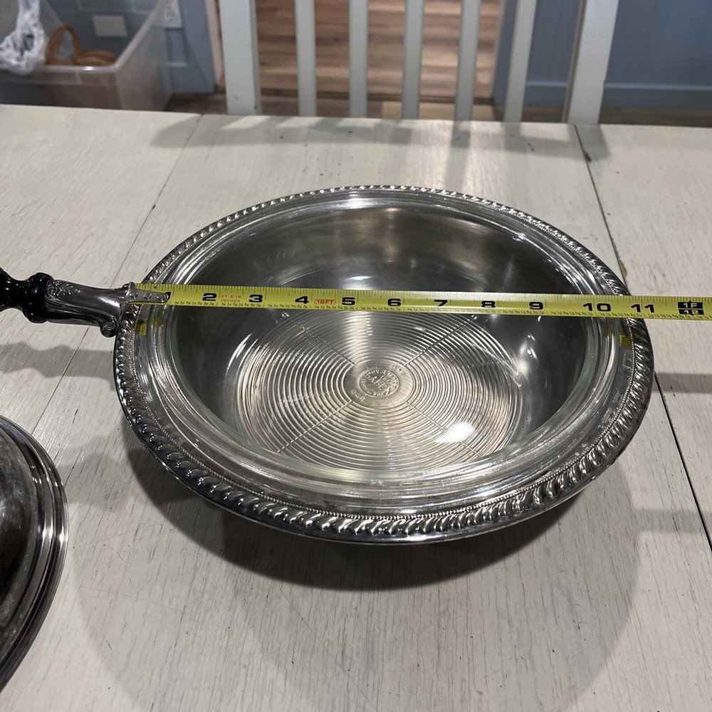 Silverplate Covered Serving Dish 3 Pc.~Pyrex Vintage Wood Handle~EUC~RARE￼