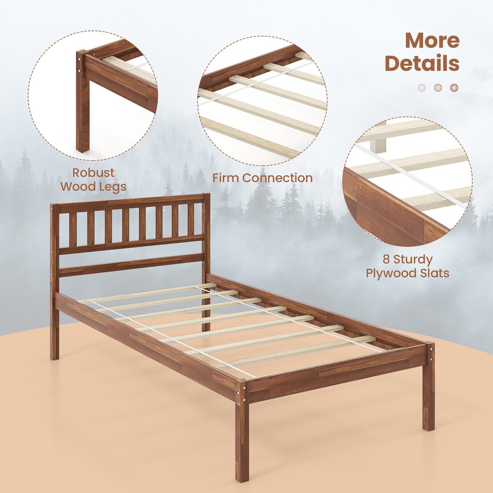 Twin Platform Bed with Headboard Solid Wood Leg Mattress Foundation Walnut
