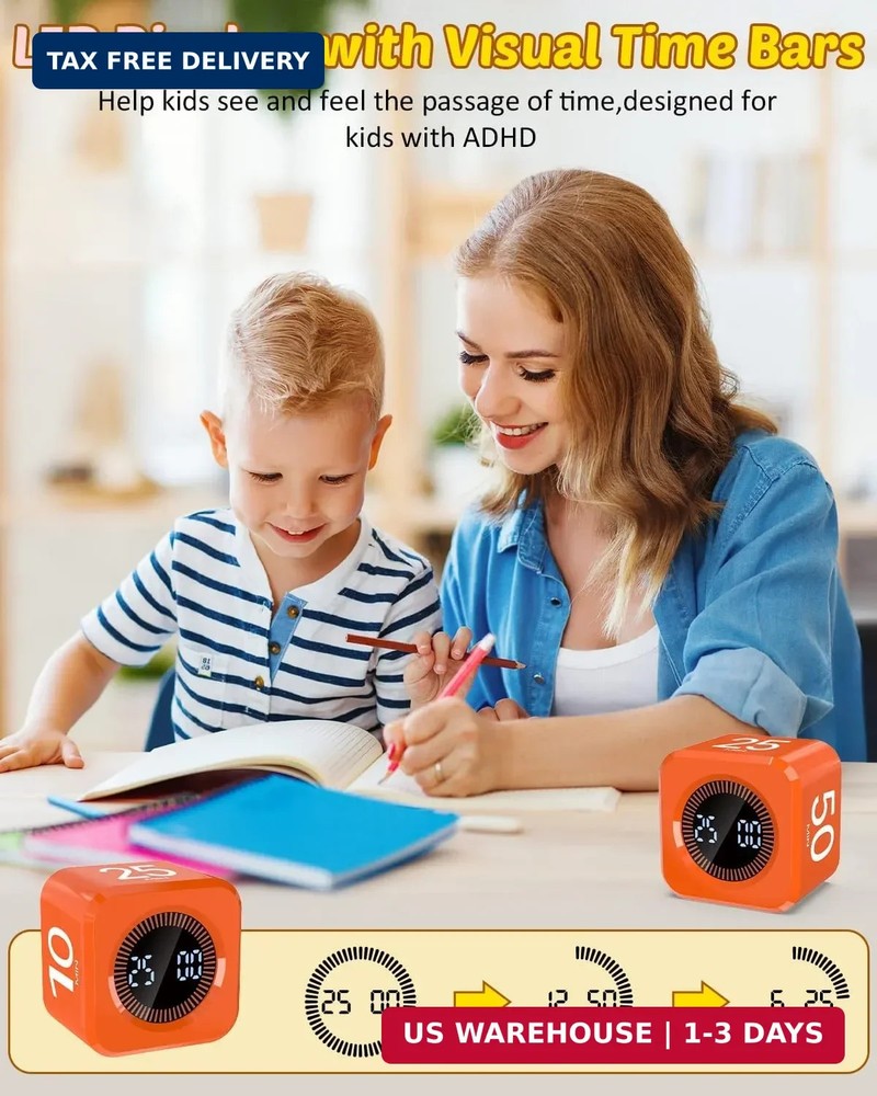 Digital Pomodoro Timer Cube 5/10/25/50min, Visual Productivity Flip Timer for Ki