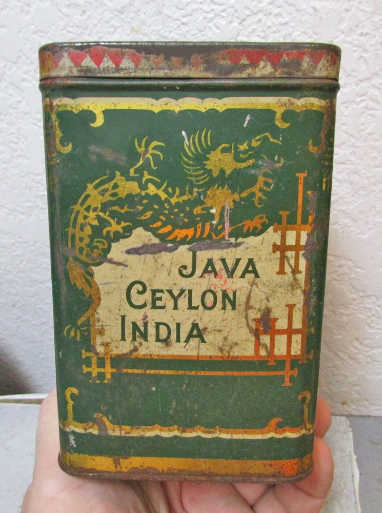 Vintage Mission Garden empty tea tin, Java Ceylon India wrong lid, kitchen decor