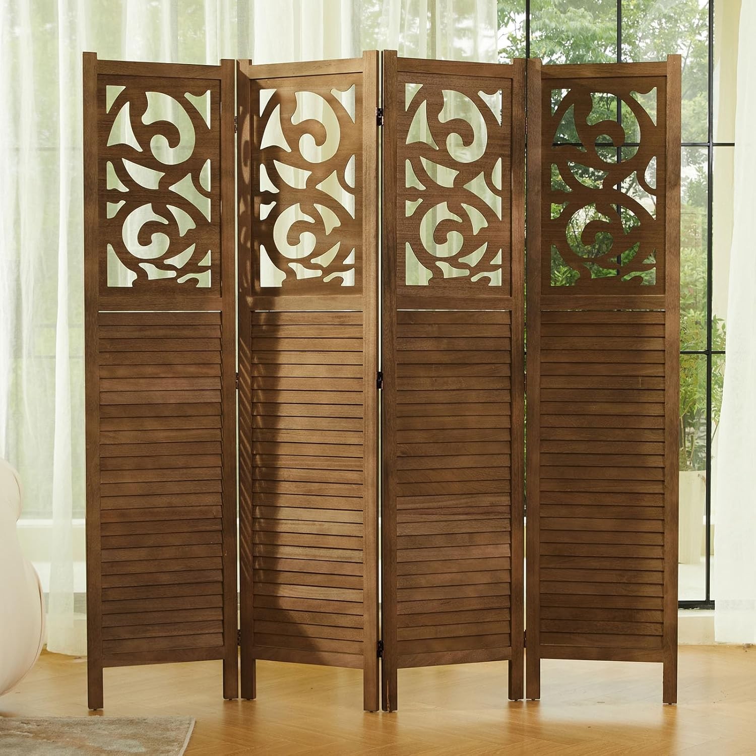 Folding Room Divider, 5.6Ft 4 Panels Wood Carved Privacy Screens,Partition