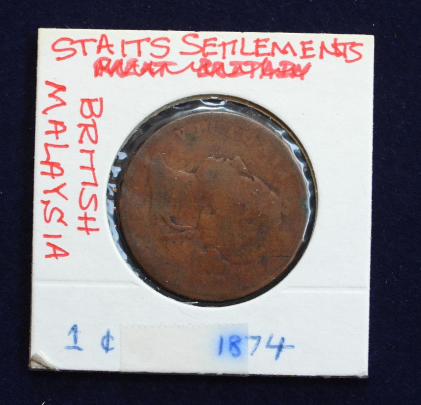 1874 Straits Settlements 1 Cent British Colony Copper Coin