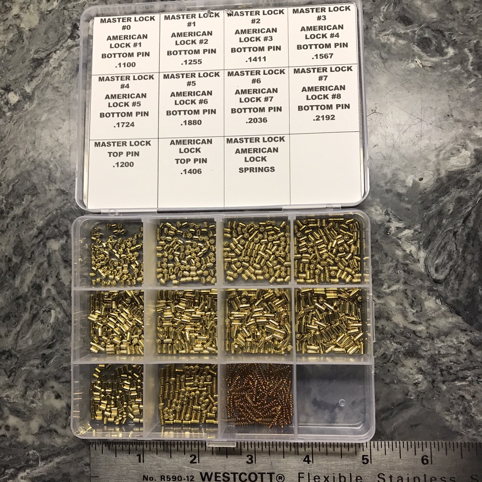 Bottom Pin Rekeying Kit For Master and American Padlocks. Has 75 Pins each size