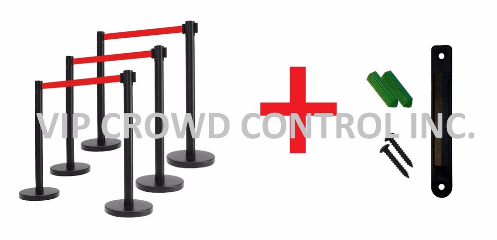 RETRACTABLE STANCHION, 6 POSTS, 36" HT BLK, 78" RED BELT, WALL BRACKET