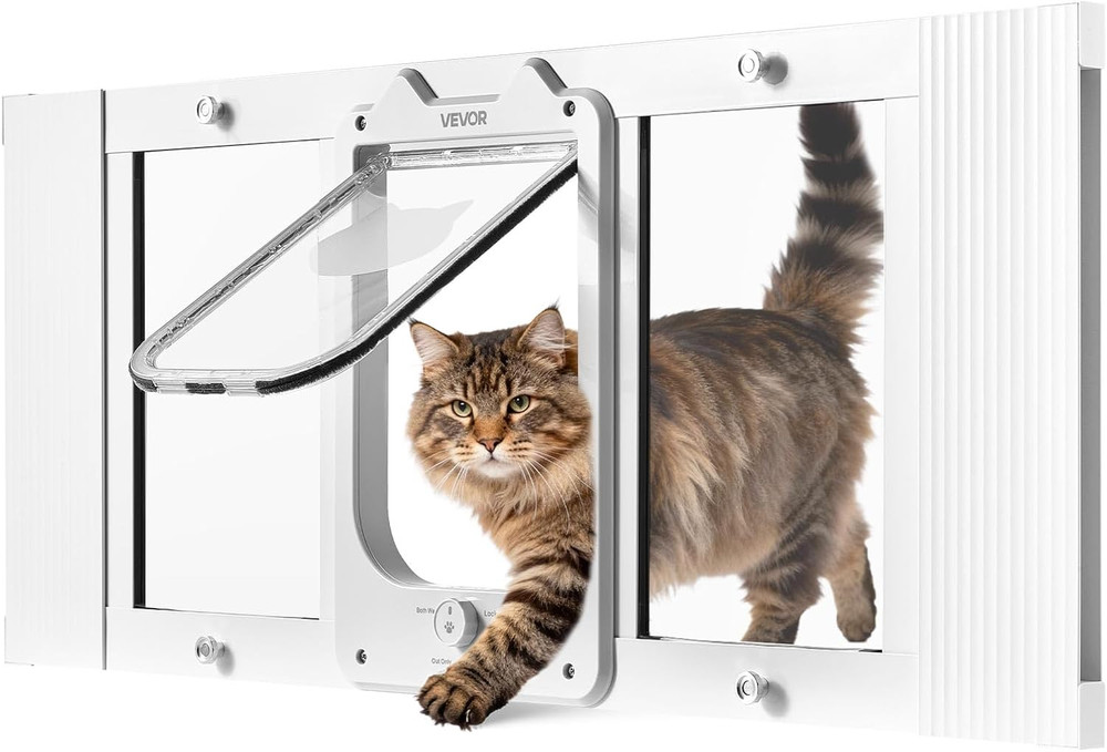 Cat Door for Window, Adjustable to Fit Window Width 31"-36", 4 Secure Lock Modes