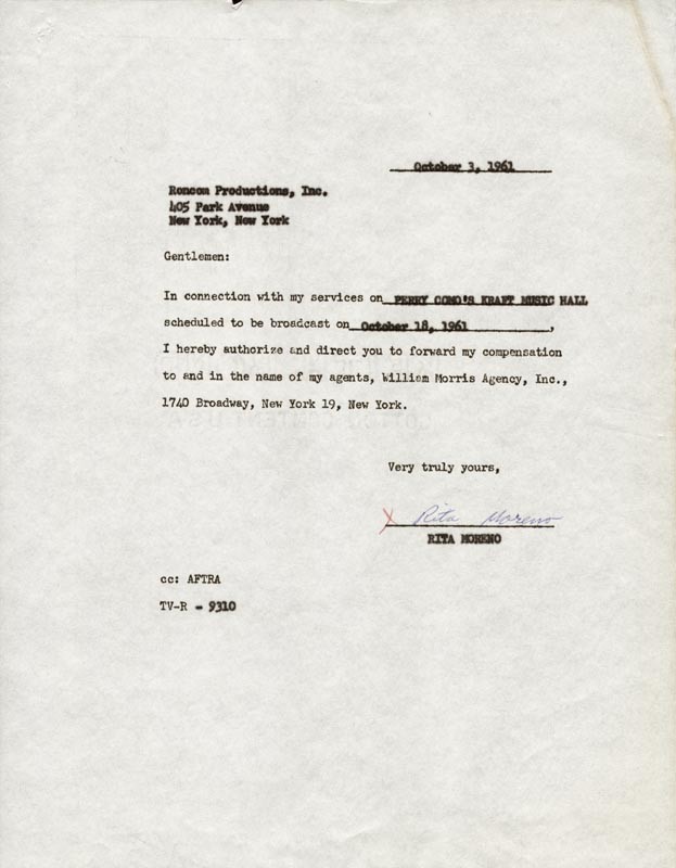 RITA MORENO - CONTRACT SIGNED 10/03/1961