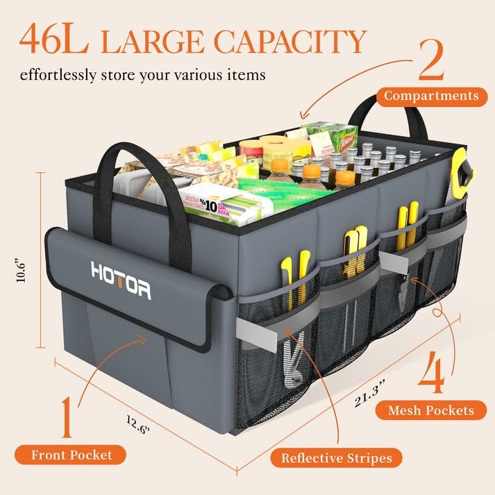 HOTOR Trunk Organizer - Car with 5 Pockets, Medium, Grey