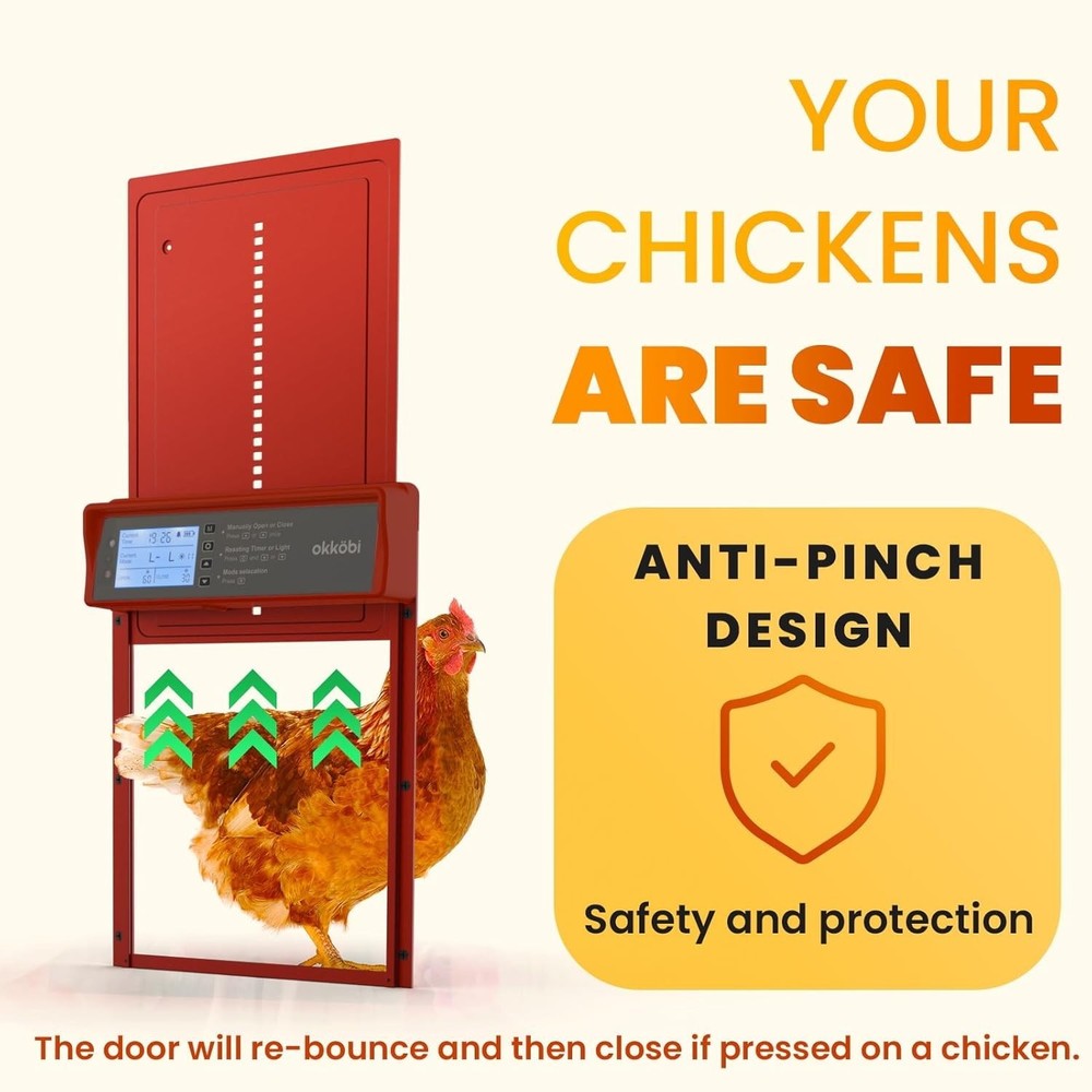 Solar Powered Automatic Chicken Coop Door with Timer/Light Sensor Modes - Red