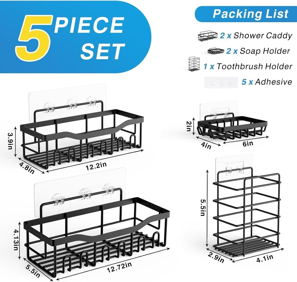5 Pack Stainless Steel Shower Caddy Organizers, No Drill Storage Solution