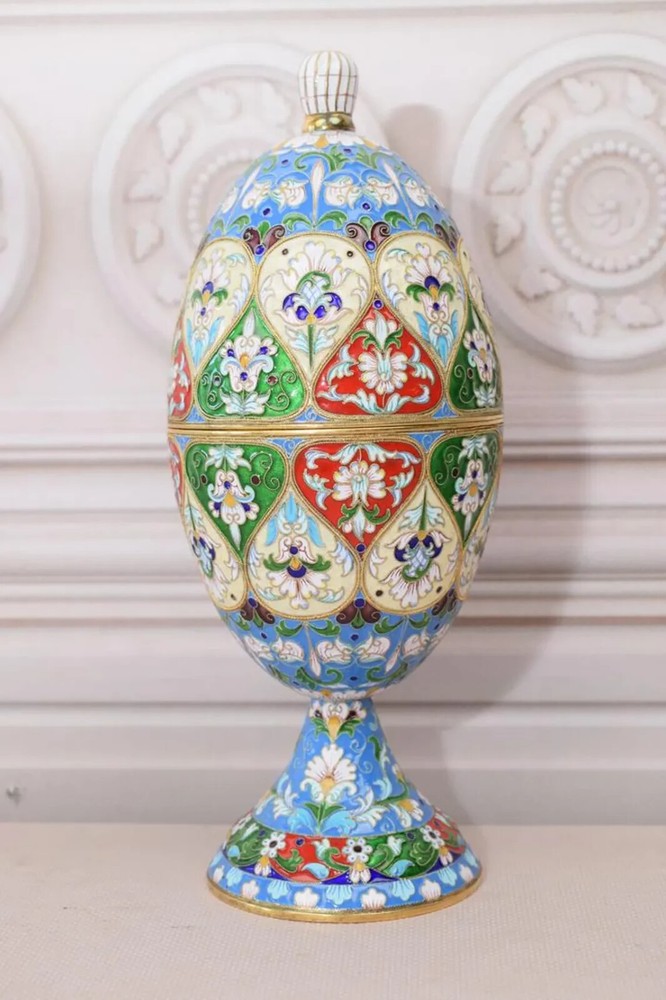 Very Large Silver Egg - Enamel and Gilded Egg - Antique Silver Art Work