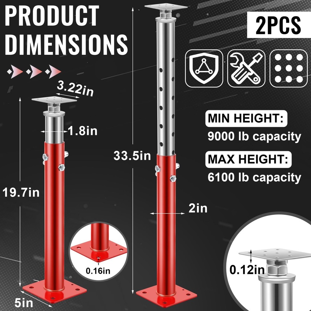 2 Pcs House Floor Jacks for Leveling Adjustable, Height Range 19.7"- Red