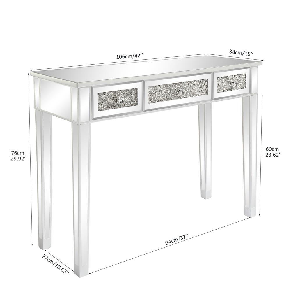 Modern Console Table Mirrored Vanity Table Makeup Desk Diamond w/ 3 Drawers