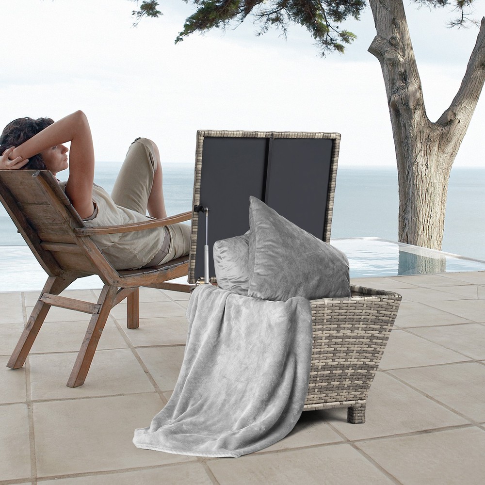 Outdoor PE Wicker Side Table with Storage, Small Patio Storage Bin