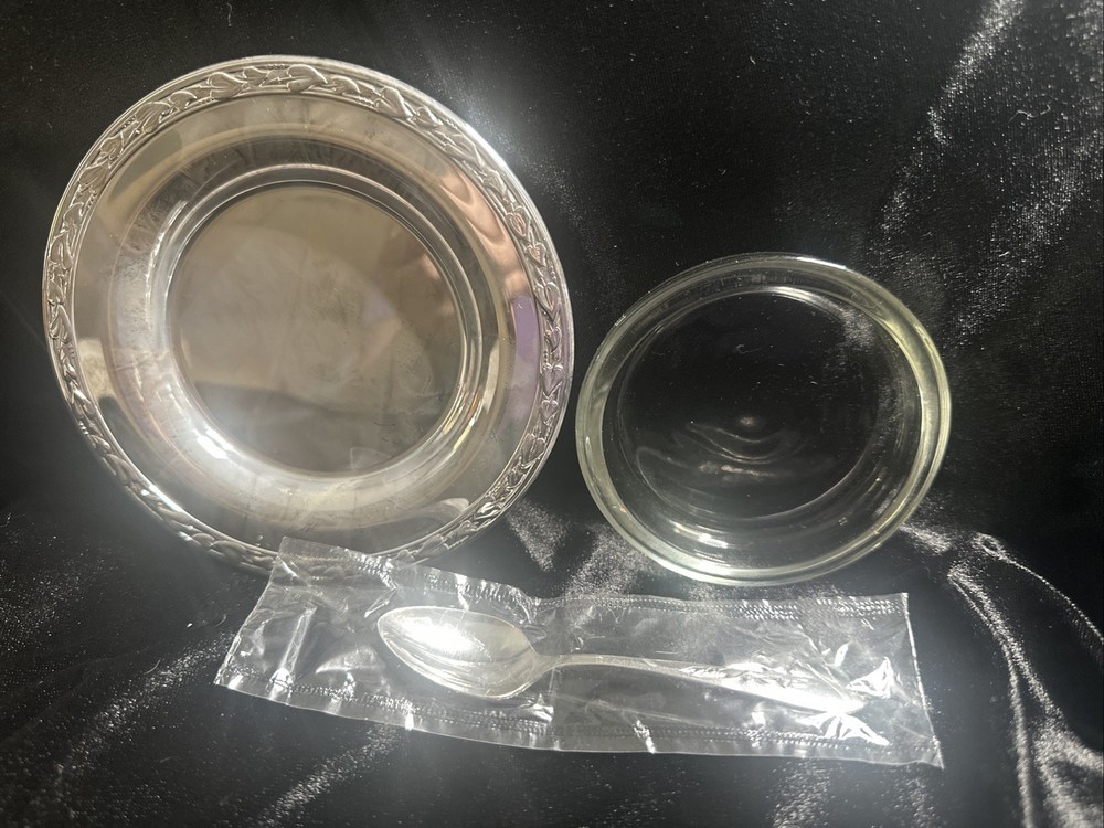 Vintage Carlton Oneida Condiment Set 3 Pc Silver Plate Tray Spoon Glass Dish New