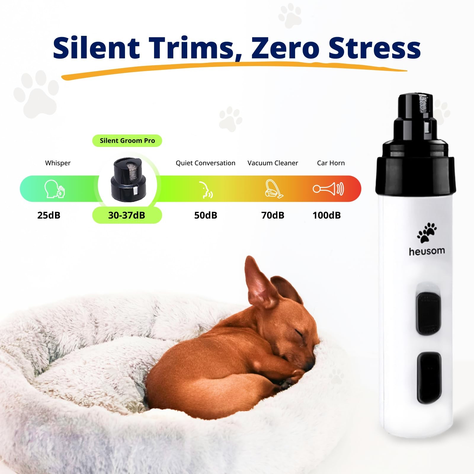 Heusom Silent Groom Pro Pet Nail Grinder | Whisper Quiet Claw Trimmer White