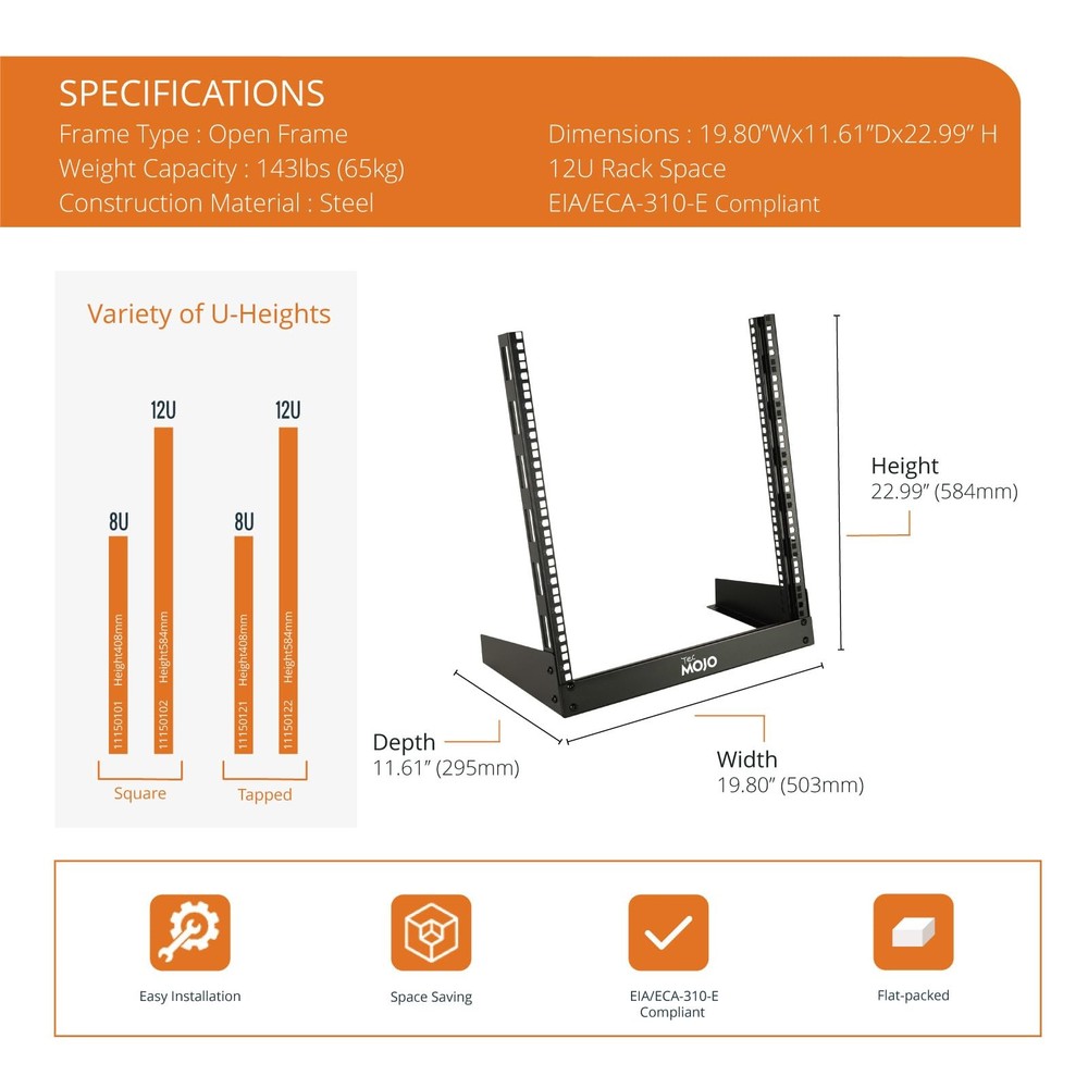 2 Post 12U Desktop Server Rack Small Open Frame Rack for 19in AV/Data/Audio/S...