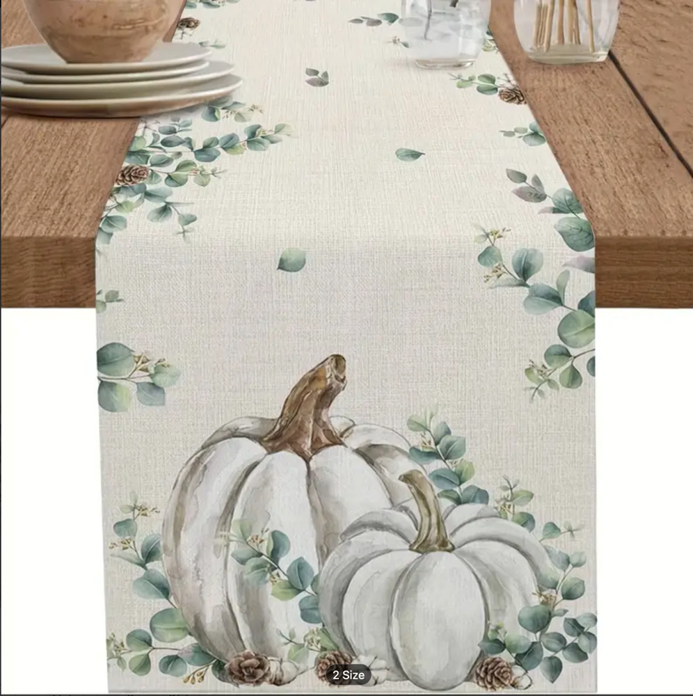 Fall Table Runner-Eucalyptus Leaves, Pinecones, Pumpkins-13x72in-Linen Blend