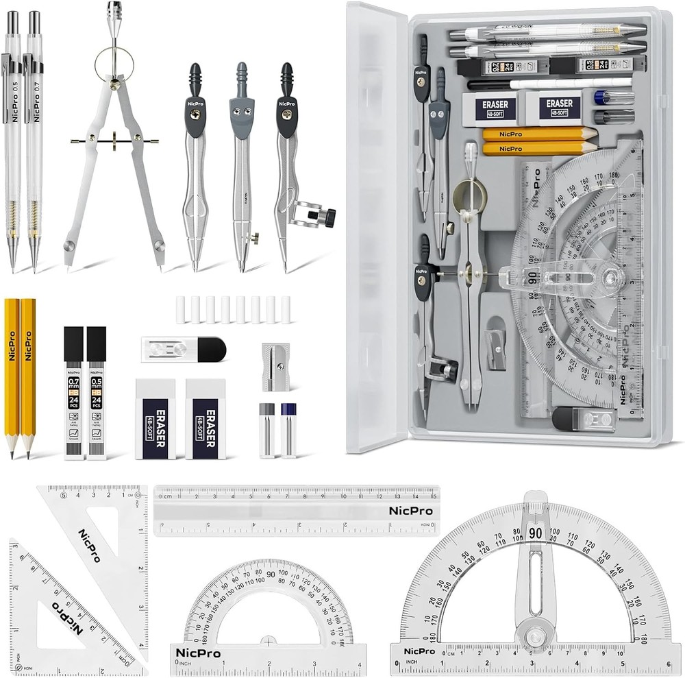 22 PCS Compass Geometry Tools with Case, Drafting Tools Geometry Set with Swing