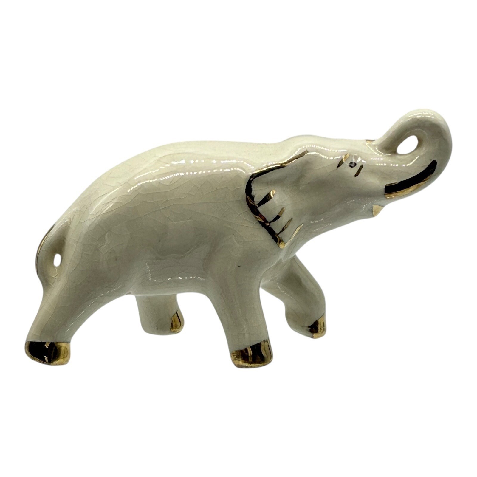 Vintage Ceramic Elephant Figurine Gold Accents Lucky Up Trunk Decor