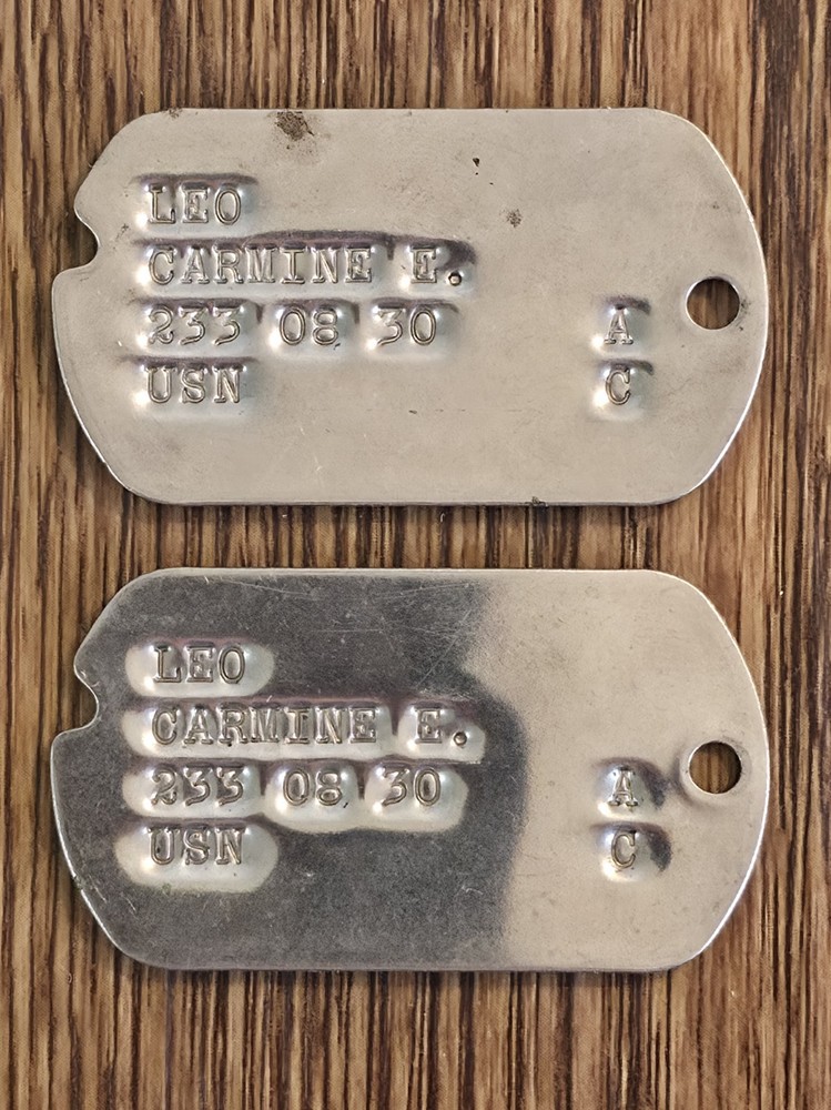 Navy Dog tags Named to AT2 Carmine Enrico Leo. Killed In Crash On June 29th 1955