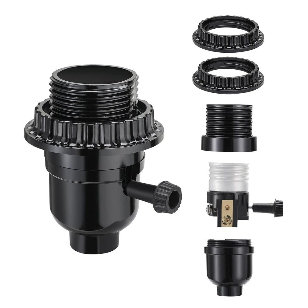 Durable E26 Light Socket with ON/OFF Switch & Shade Ring - Black Phenolic Finish