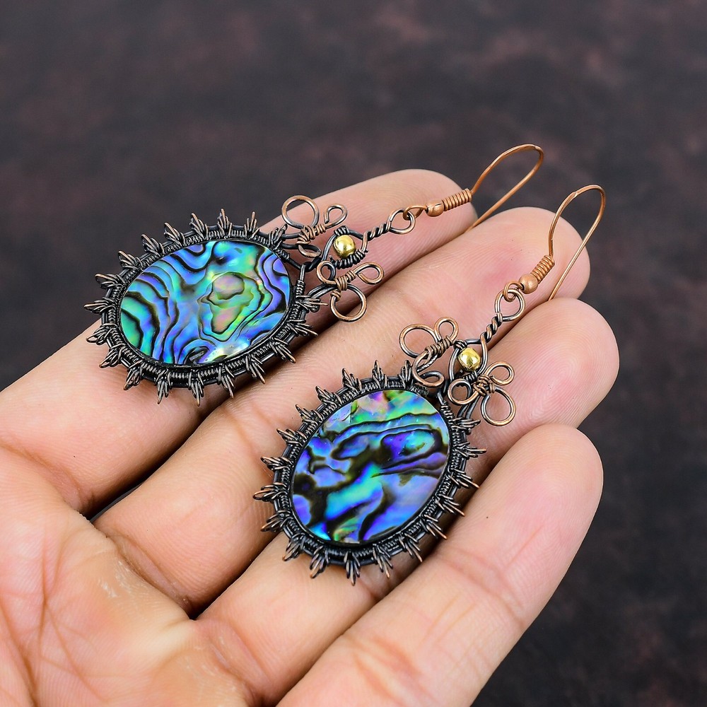 Abalone Shell Copper Valentine Gift Wire Wrapped Drop/Dangle Earrings 2.76"