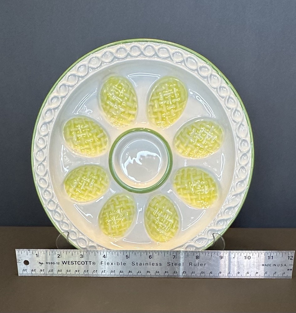 Round Deviled Egg Plate White/Yellow/Green Ceramic Great for Easter Eggs too!