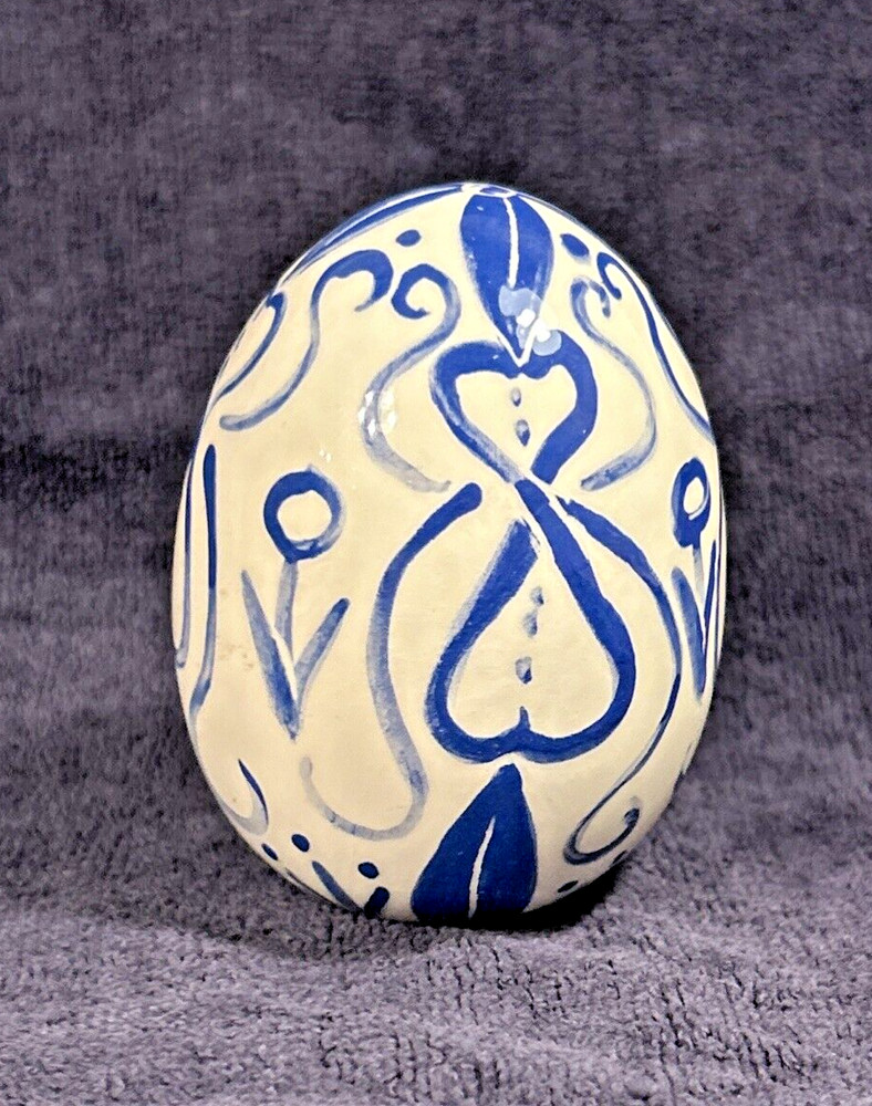 Ceramic Egg Small Folk Art Glazed Blue on White