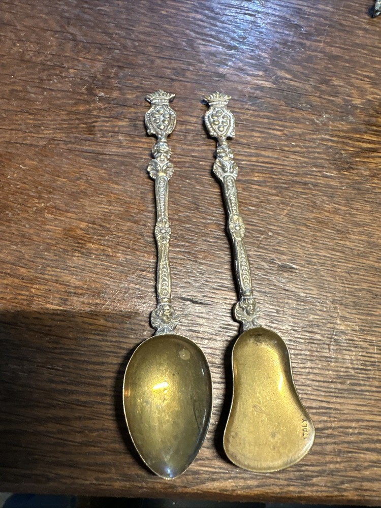 Lot of 2 Vintage Italian Brass Demitasse Spoons Crown Crest Handle Shovel Scoop