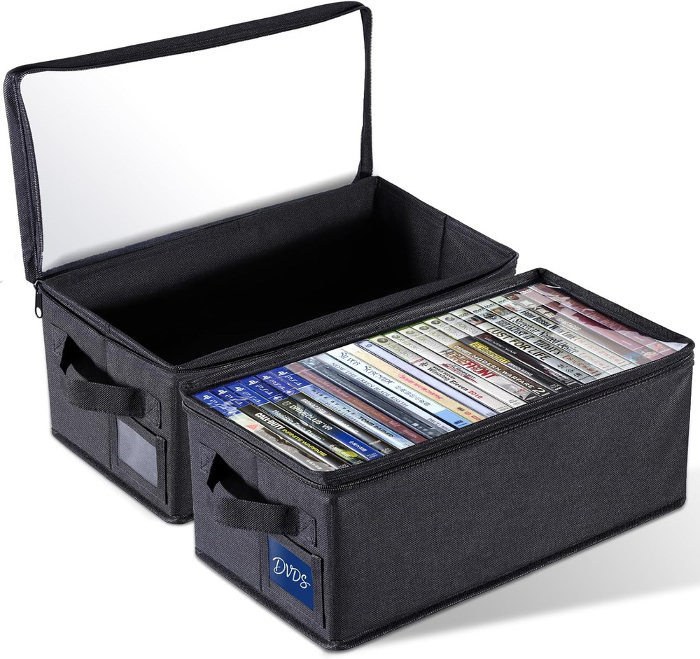 DVD Storage Box with Clear Window - 15.75" Foldable Media Organizer, Premium Zip