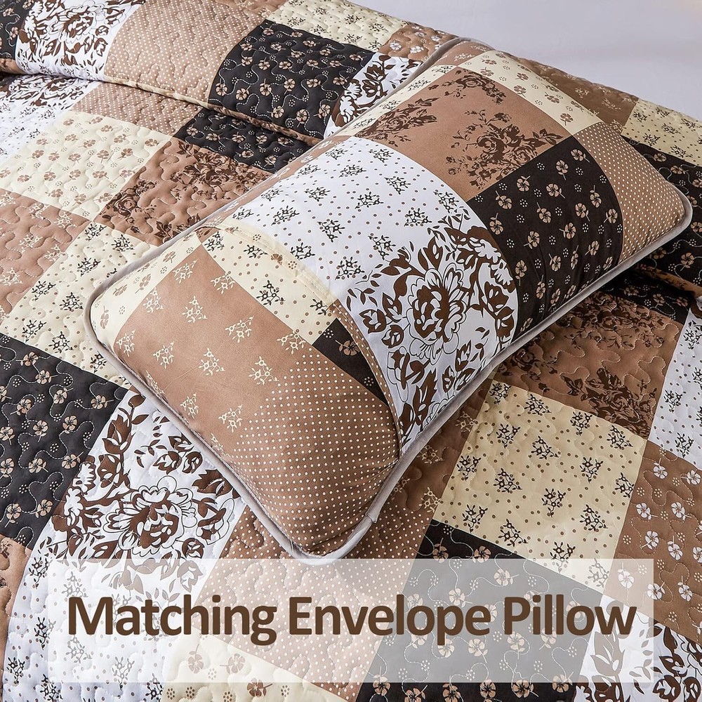 Luxurious Khaki Patchwork Quilt Set - King Size, Reversible & Machine Washable