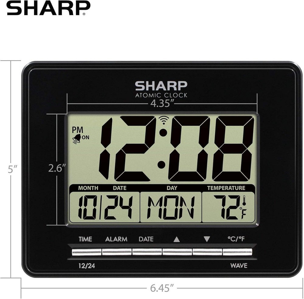 Sharp Atomic Desktop Clock - Auto Set Digital Alarm Clock Atomic Accuracy, Black