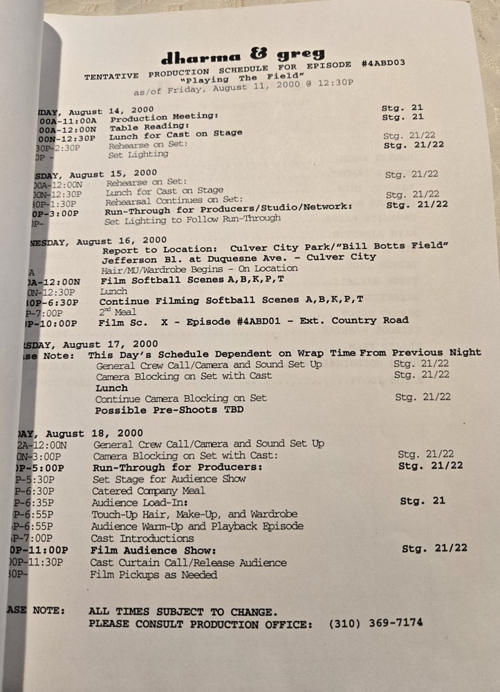DHARMA & GREG (10/14/2000) "Playing the Field" Table Draft