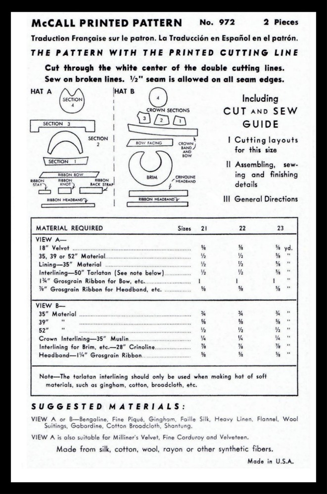 McCall 972 Hat Cap Beret Pattern Millinery 1940's