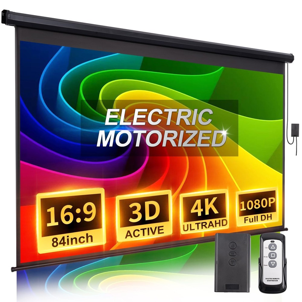 Projector Screen Motorized 84 Inch 16:9 HD Electric Projector Screen Pull Dow...