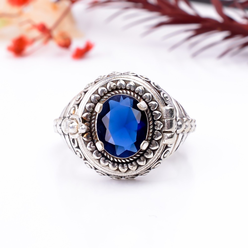 Sapphire Lab Created Gemstone Handmade Poison Ring, 925 Silver Gift Poison Ring.