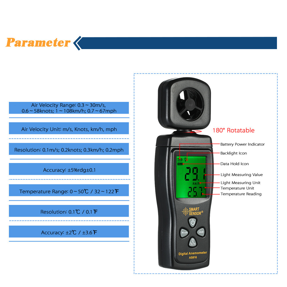 SMART SENSOR Anemometer LCD Digital Wind Speed Air Velocity Meter S2I3